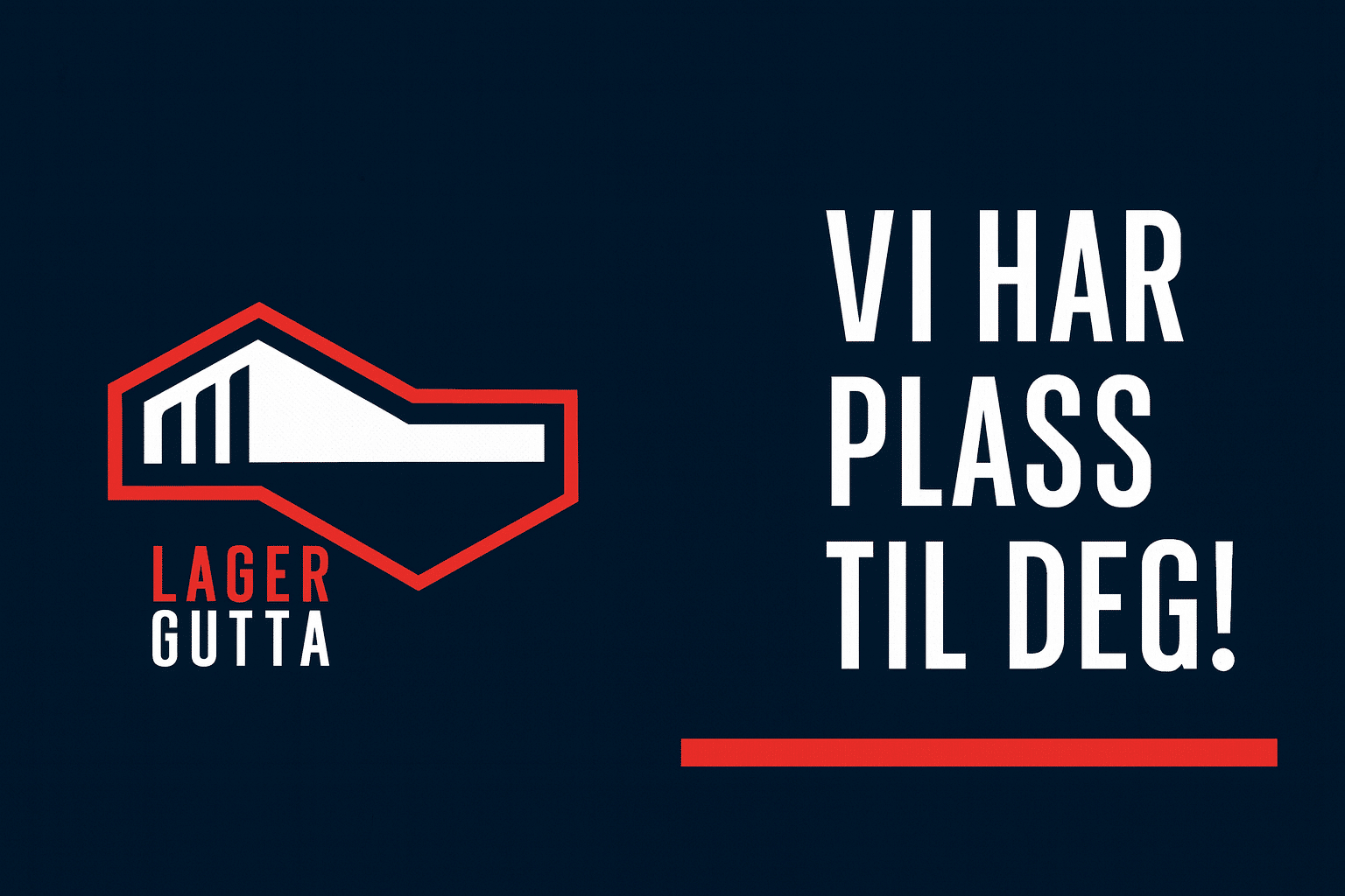 Logo og tekst med slagordet «Lagergutta – Vi har plass til deg!» på mørkblå bakgrunn.